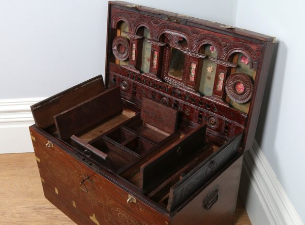 Antique Victorian Burmese Colonial Teak & Brass Chiming Mandalay Box (Circa 1860)