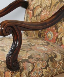 Antique Pair of Two French Walnut Fauteuil Upholstered Carved Armchairs (Circa 1880)