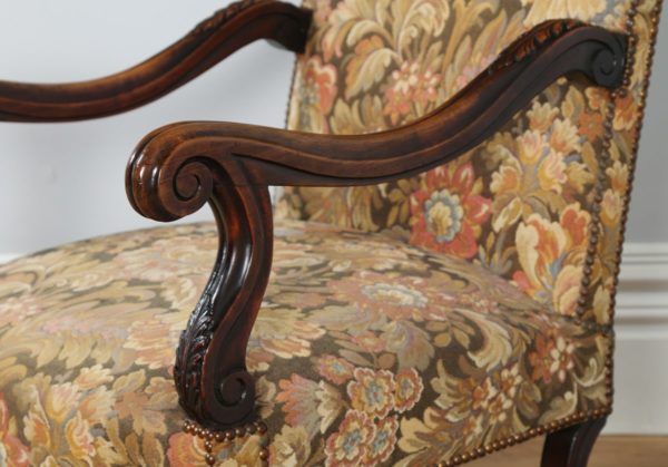 Antique Pair of Two French Walnut Fauteuil Upholstered Carved Armchairs (Circa 1880)