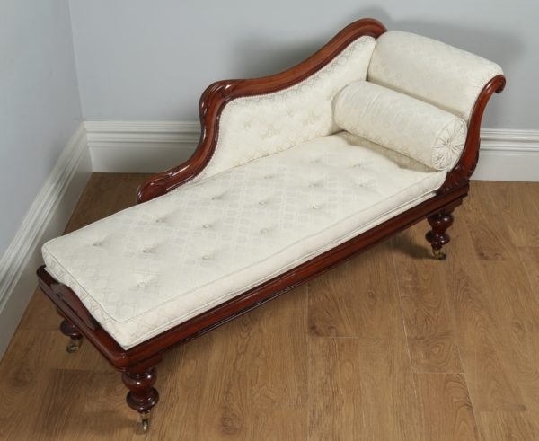 Antique Victorian Mahogany Upholstered Cream & Pale Gold Chaise Longue (Circa 1860)