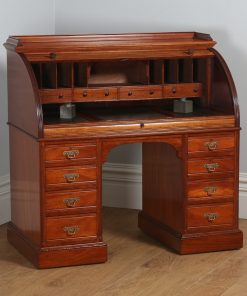 Antique English Edwardian Mahogany & Leather Cylinder Roll Top Writing Pedestal Office Desk (Circa 1900)- yolagray.com