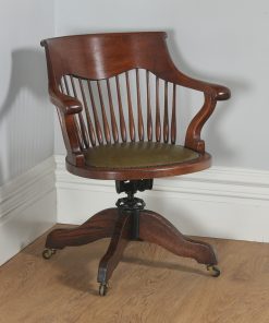 Antique English Victorian Oak Revolving Office Desk Green Leather Arm Chair (Circa 1880)- yolagray.com