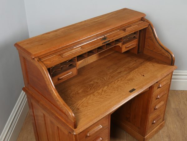 Antique English Edwardian 4ft Oak Roll Top Pedestal Desk (Circa 1910) - yolagray.com