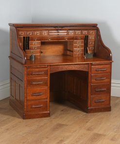 Antique English Victorian Oak Roll Top Pedestal Office Desk (Circa 1890) - yolagray.com