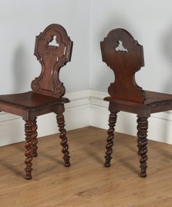 Antique English Victorian Pair of Gothic Style Carved Oak Hall / Side Chairs (Circa 1860)- yolagray.com