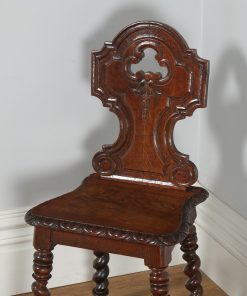 Antique English Victorian Pair of Gothic Style Carved Oak Hall / Side Chairs (Circa 1860)- yolagray.com