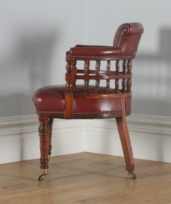 Antique English Victorian Walnut Burgundy Red Leather Office Desk Arm Chair (Circa 1880)- yolagray.com