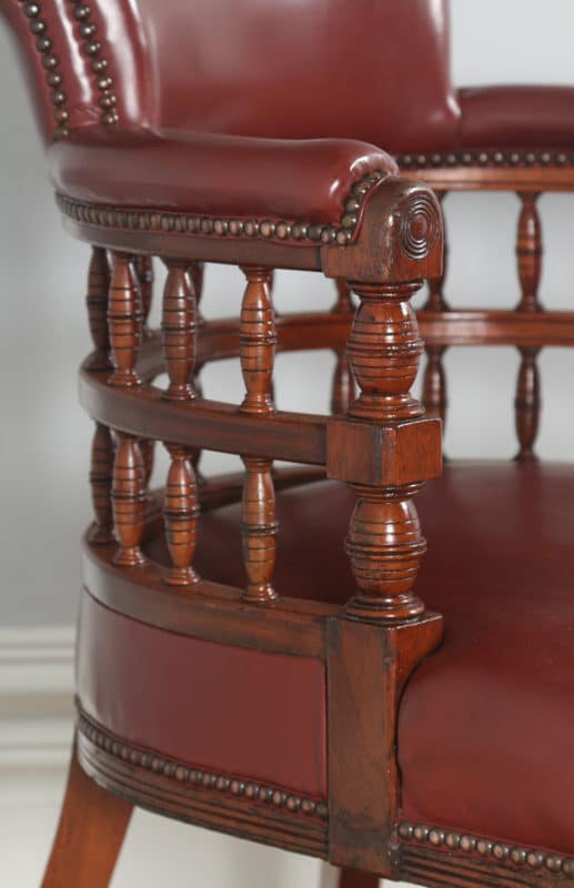 Antique English Victorian Walnut Burgundy Red Leather Office Desk Arm Chair (Circa 1880)- yolagray.com