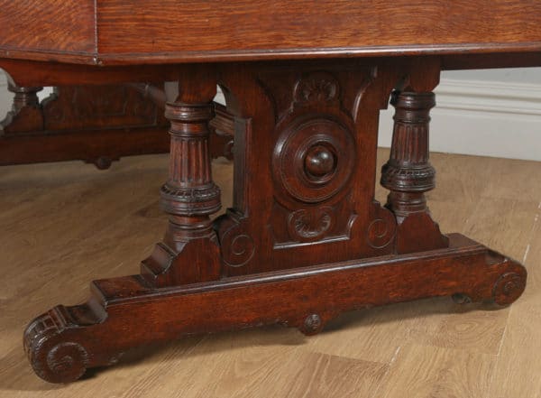 Antique English Victorian 6ft 6” Oak & Leather Library Table by Lamb of Manchester (Circa 1850) - yolagray.com