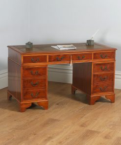 Vintage English Georgian Style Yew Wood & Brown Leather 4ft 6” Pedestal Office Desk (Circa Late 20th Century) - yolagray.com