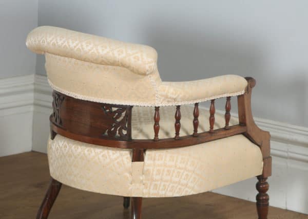 Antique Edwardian Pair of Rosewood & Mahogany Marquetry Inlaid Salon Armchairs (Circa 1900) - yolagray.com