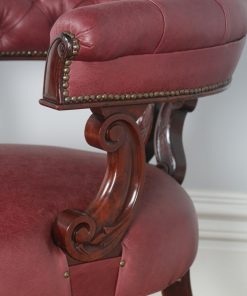 Antique English Victorian Mahogany & Crimson Red Leather Office Desk Arm Chair (Circa 1880) - yolagray.com