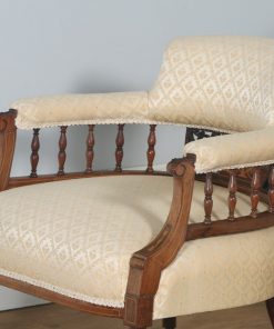 Antique Edwardian Three Piece Rosewood & Mahogany Marquetry Inlaid Upholstered Salon Sofa & Pair of Armchairs Suite (Circa 1900) - yolagray.com