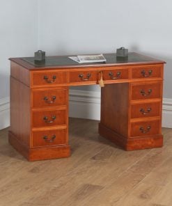 Vintage English Georgian Style Yew Wood & Green Leather 4ft Pedestal Office Desk (Circa Late 20th Century) - yolagray.com