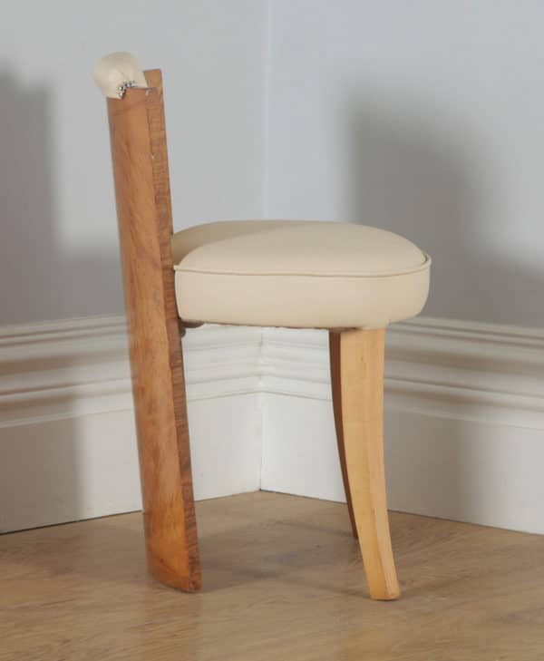 Antique English Art Deco Burr Maple & Cream Leather Chair Stool by Epstein (Circa 1930) - yolagray.com