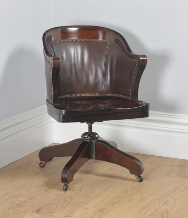 Antique English Edwardian Mahogany & Brown Leather Revolving Office Desk Arm Chair (Circa 1910) - yolagray.com