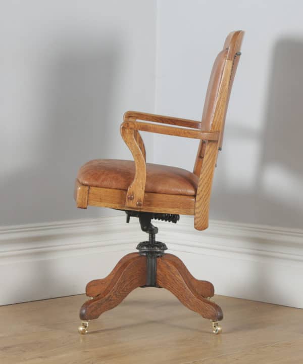 Antique English Edwardian Oak & Tan Brown Leather Revolving Office Desk Chair (Circa 1910) - yolagray.com
