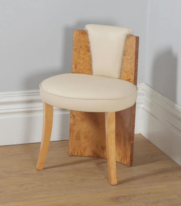 Antique English Art Deco Burr Maple & Cream Leather Chair Stool by Epstein (Circa 1930) - yolagray.com
