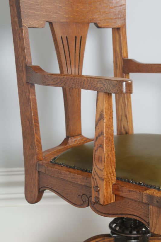 Antique American Edwardian Art Nouveau Oak & Leather Revolving Office Desk Arm Chair (Circa 1903) - yolagray.com