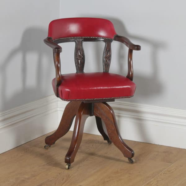 Antique English Victorian Oak & Crimson Red Leather Revolving Office Desk Arm Chair (Circa 1890) - yolagray.com