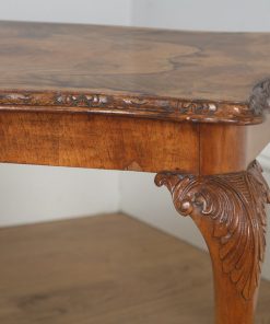 Antique English Queen Anne Style Carved Burr Walnut Rectangular Coffee Table (Circa 1920) - yolagray.com