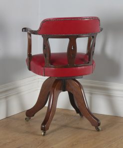 Antique English Victorian Oak & Crimson Red Leather Revolving Office Desk Arm Chair (Circa 1890)- yolagray.com
