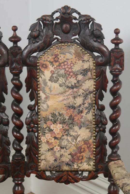 Antique English Victorian Black Forest Carolean Oak & Tapestry Couch / Settee / Sofa (Circa 1870) - yolagray.com