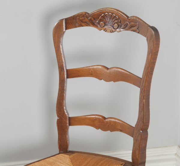 Antique Set of 12 French Louis XV Style Oak Ladder Back Rush Seat Kitchen Dining Chairs (Circa 1910) - yolagray.com