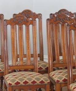 Antique Set of Twelve Belgian Louis Style Oak & Upholstered High Kitchen Dining Chairs by Rigaux (Circa 1920) - yolagray.com