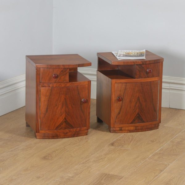 Antique English Pair of Art Deco Figured Walnut Bedside Cupboards / Tables / Nightstands (Circa 1930) - yolagray.com
