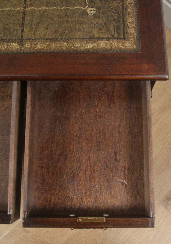 Vintage English Georgian Style Flame Mahogany & Green Leather 4ft 6” Pedestal Office Desk (Circa Late 20th Century) - yolagray.com