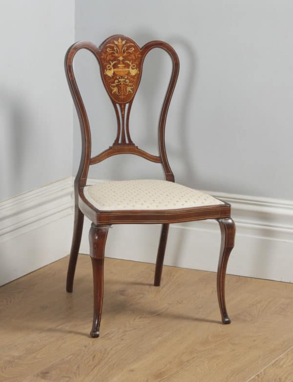 Antique English Victorian Pair of Mahogany & Satinwood Marquetry Inlaid Salon Side Chairs (Circa 1890) - yolagray.com