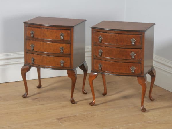 Antique English Pair of Queen Anne Style Burr Walnut Bow Front Bedside Chests Tables Nightstands (Circa 1940) - yolagray.com