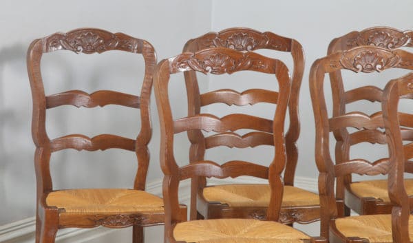 Antique Set of 8 French Louis XV Style Oak Ladder Back Rush Seat Kitchen Dining Chairs (Circa 1910) - yolagray.com