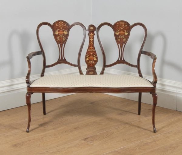 Antique English Victorian Three Piece Mahogany & Satinwood Marquetry Inlaid Salon Suite Sofa & Pair of Chairs (Circa 1890) - yolagray.com