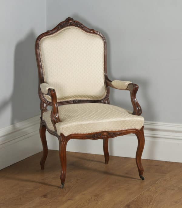 Antique French Pair of Louis XV Style Walnut Upholstered Salon Fauteuil Armchairs (Circa 1860) - yolagray.com