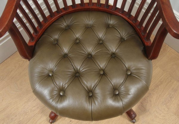 Antique English Victorian Mahogany & Green Leather Revolving Office Desk Arm Chair (Circa 1880) - yolagray.com