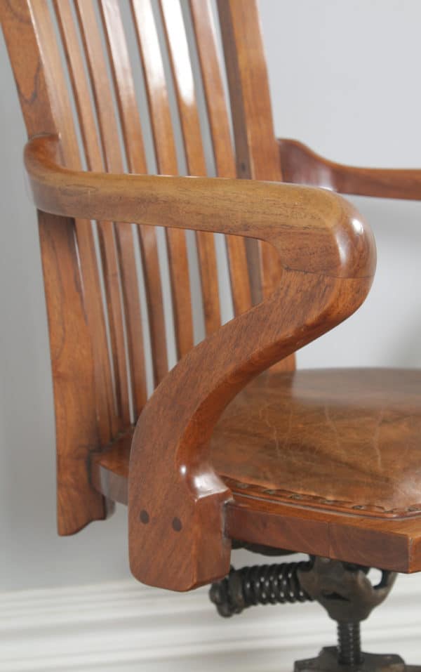 Antique English Edwardian Walnut & Tan Brown Leather Revolving Office Desk Arm Chair (Circa 1910)- yolagray.com