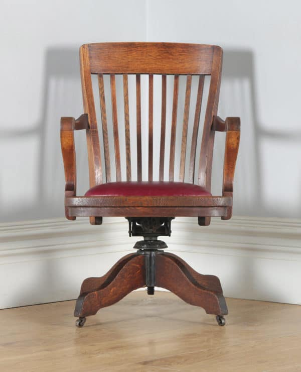 Antique English Edwardian Oak & Burgundy Red Leather Revolving Office Desk Arm Chair (Circa 1910) - yolagray.com