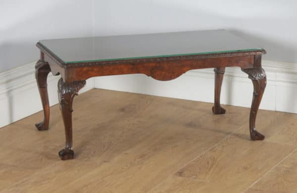 Antique English Queen Anne Style Carved Burr Walnut & Glass Rectangular Coffee Table (Circa 1920) - yolagray.com