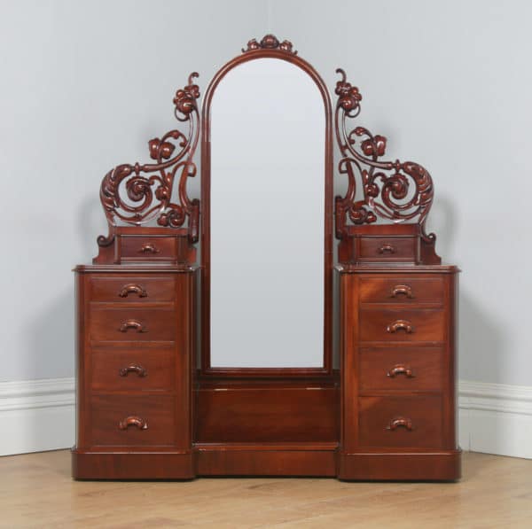 Antique English Victorian Mahogany Pedestal Makeup Dressing Table with Mirror (Circa 1870) - yolagray.com