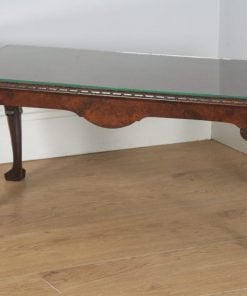 Antique English Queen Anne Style Carved Burr Walnut & Glass Rectangular Coffee Table (Circa 1920) - yolagray.com