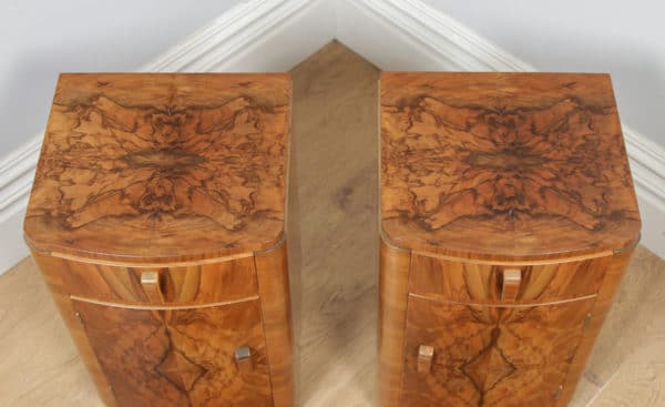 Antique English Pair of Art Deco Burr Walnut Bedside Cupboards Tables Nightstands (Circa 1930) - yolagray.com