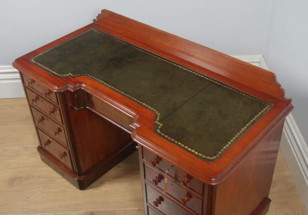Antique Victorian Mahogany & Green Leather 4ft 6” Breakfront Knee Hole Office Pedestal Writing Desk (Circa 1870) - yolagray.com