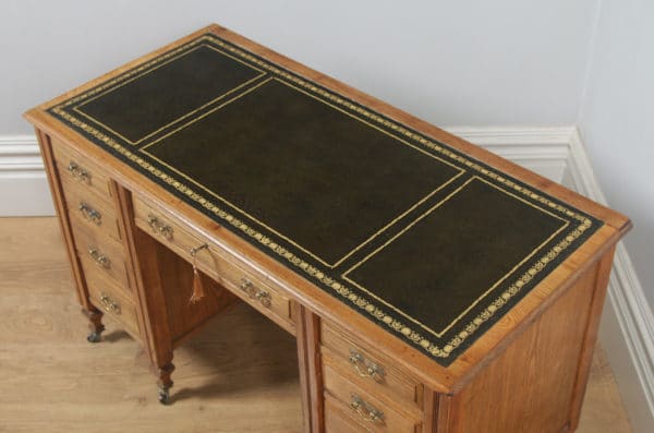 Antique English Victorian Ash & Green Leather 4ft Office Pedestal Desk (Circa 1890)- yolagray.com