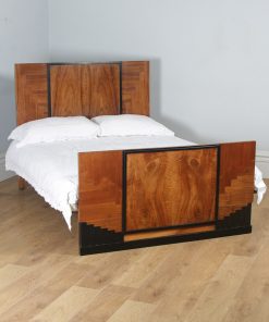 Antique English Art Deco Figured Walnut 4ft 6” Double Size Bed (Circa 1930) - yolagray.com