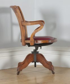 Antique English Edwardian Oak & Burgundy Red Leather Revolving Office Desk Arm Chair by Phillips & Sons of Bristol (Circa 1910) - yolagray.com