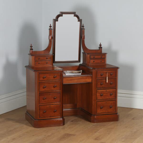 Antique English Victorian Gothic Pitch Pine & Ebony Pedestal Dressing Table with Mirror (Circa 1890) - yolagray.com