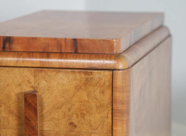 Antique English Pair of Art Deco Burr Walnut Bedside Chests Tables Nightstands by Ray & Miles of Liverpool (Circa 1930) - yolagray.com