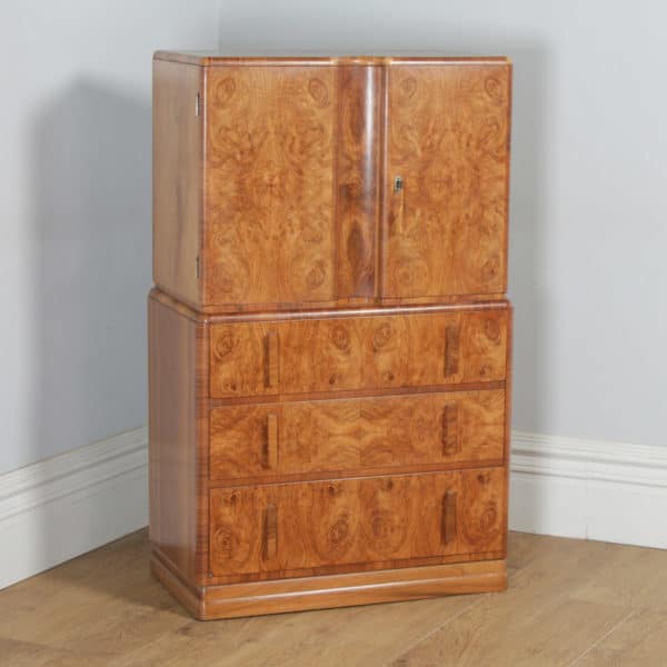 Antique English Art Deco Burr Walnut Two Door Tallboy Compactum Chest of Drawers by Ray & Miles of Liverpool (Circa 1930) - yolagray.com